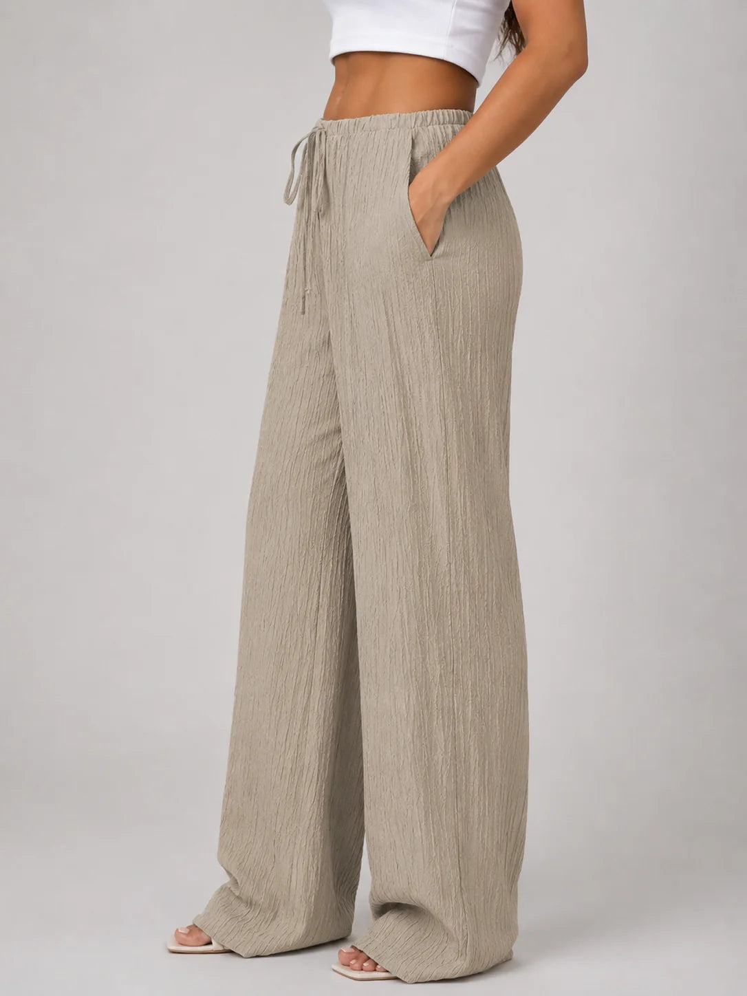 Crinkle Wide Leg Trousers with a Drawstring Waist and Pockets