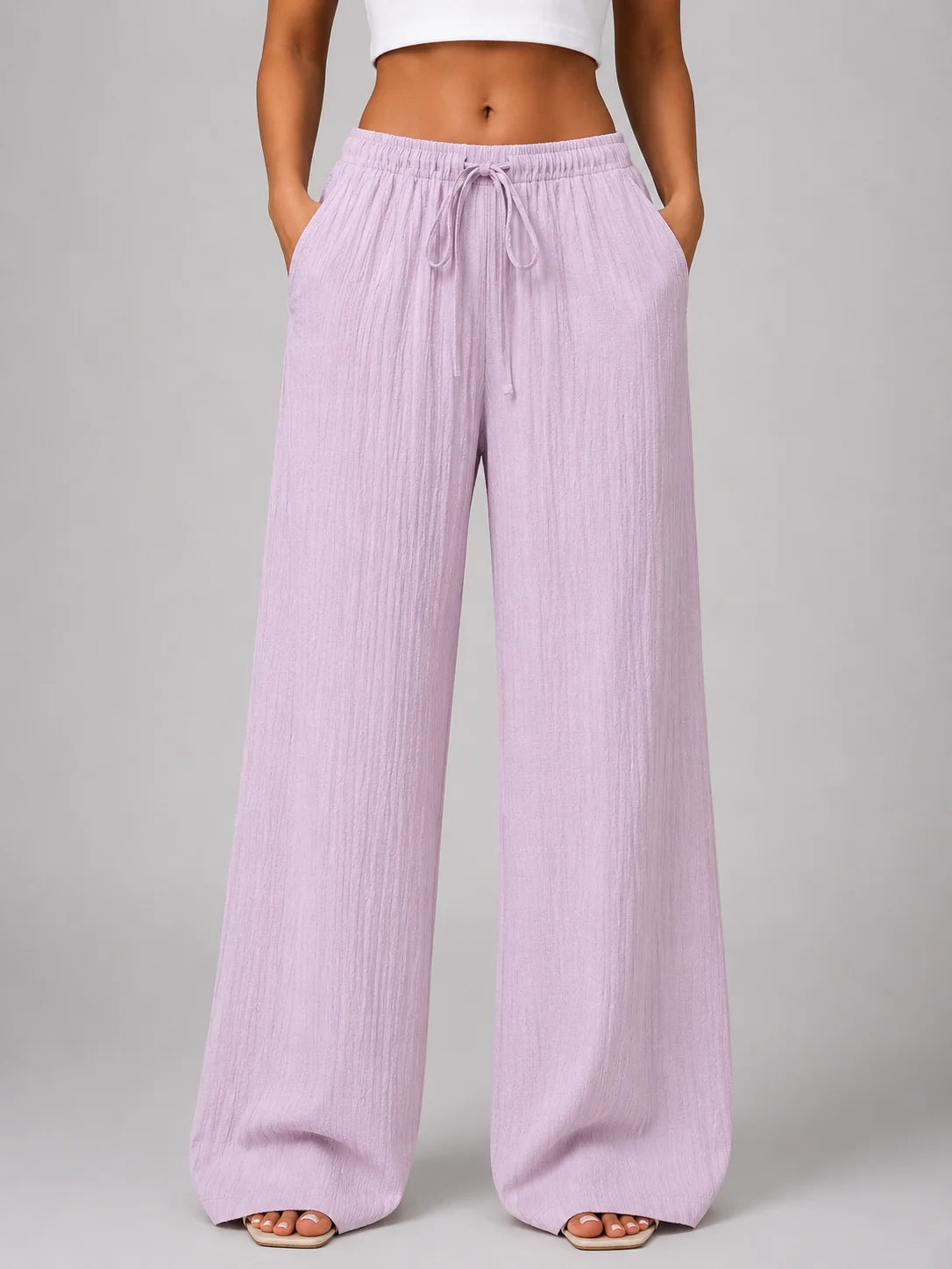 Crinkle Wide Leg Trousers with a Drawstring Waist and Pockets