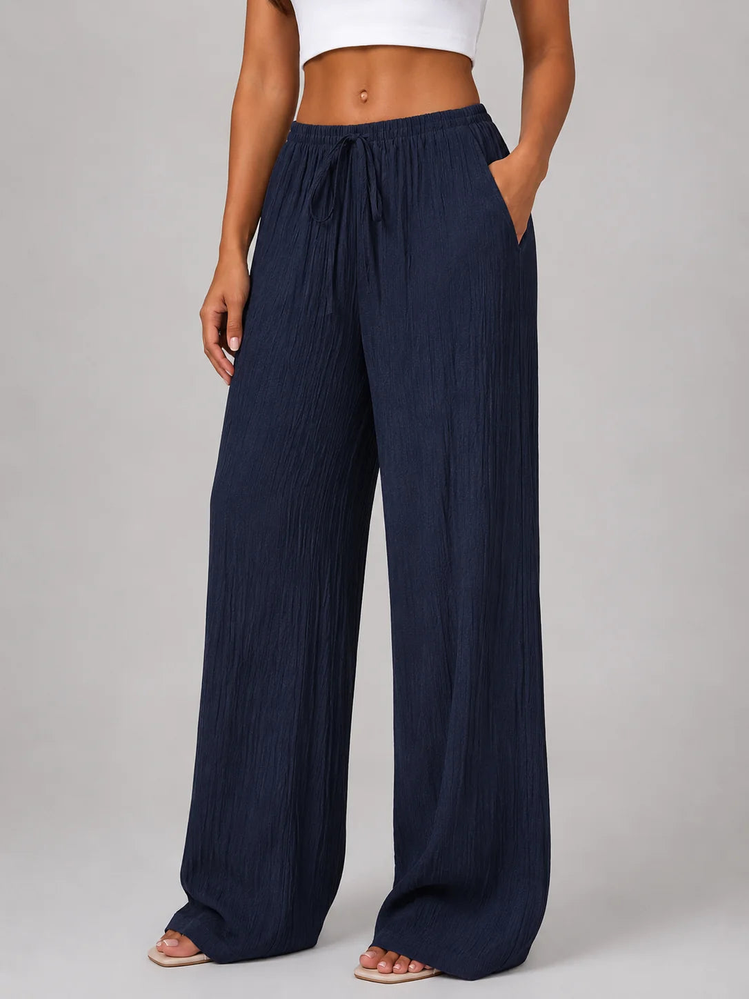 Crinkle Wide Leg Trousers with a Drawstring Waist and Pockets