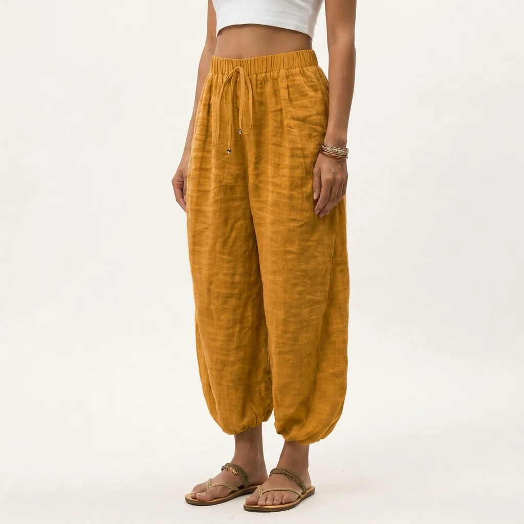 Linen-Look Trousers with a Drawstring Waist and Gathered Cuffs
