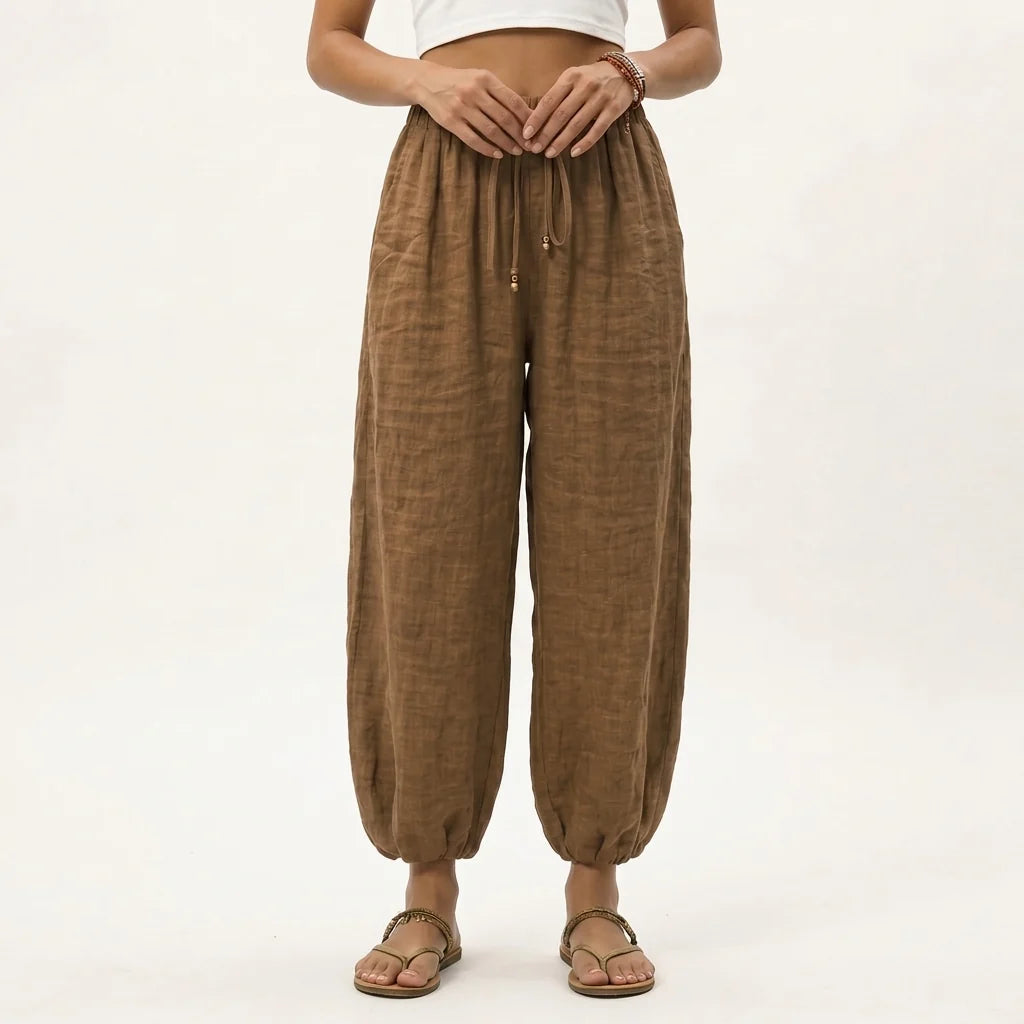 Linen-Look Trousers with a Drawstring Waist and Gathered Cuffs