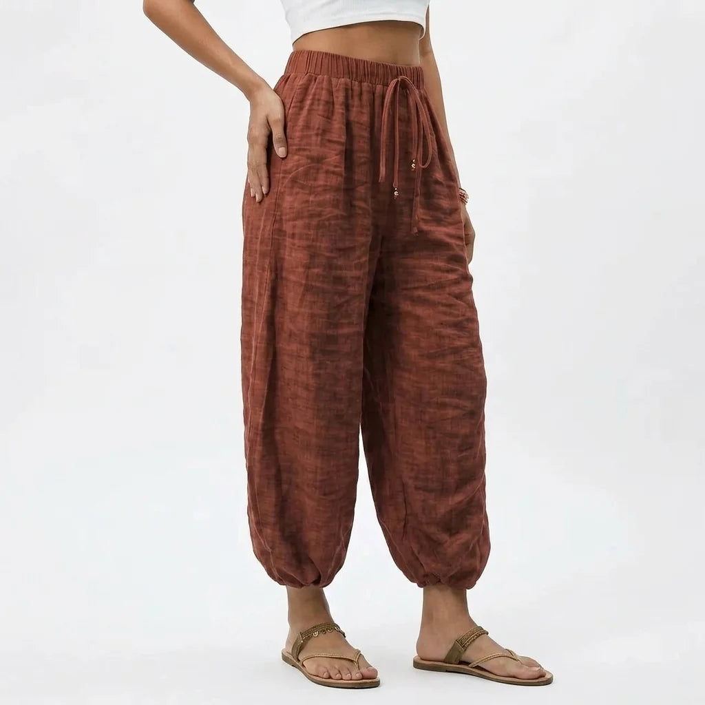 Linen-Look Trousers with a Drawstring Waist and Gathered Cuffs