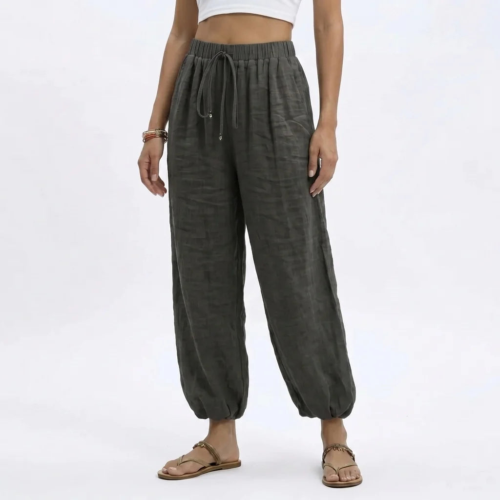 Linen-Look Trousers with a Drawstring Waist and Gathered Cuffs