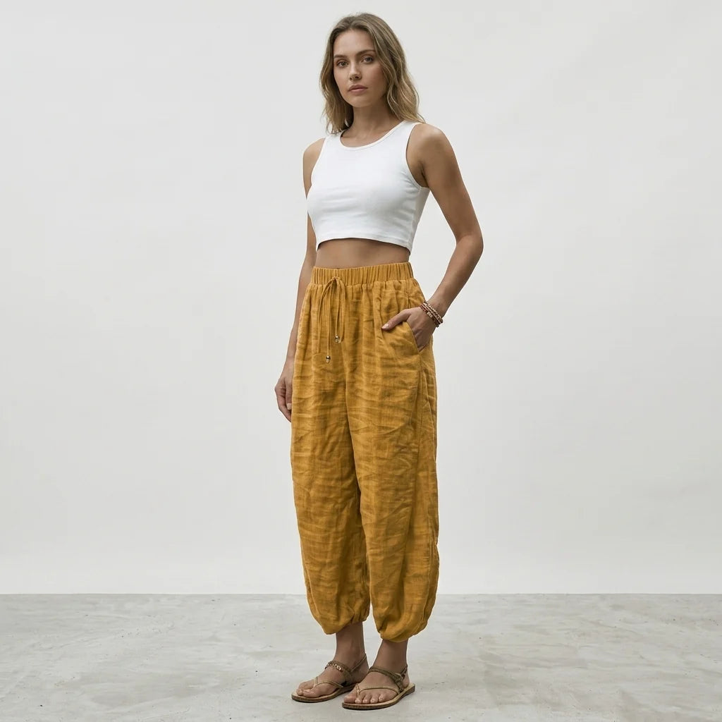Linen-Look Trousers with a Drawstring Waist and Gathered Cuffs