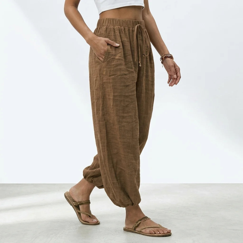 Linen-Look Trousers with a Drawstring Waist and Gathered Cuffs