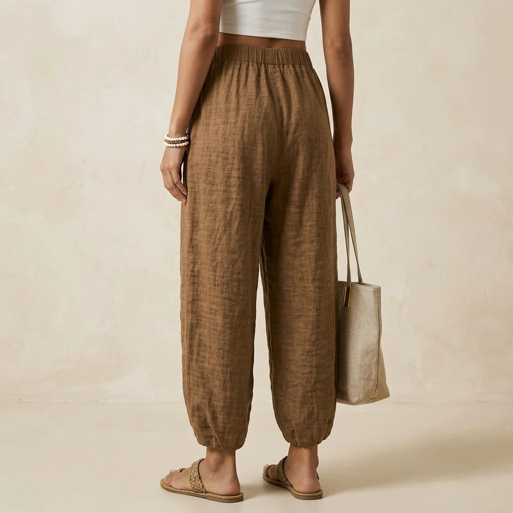 Linen-Look Trousers with a Drawstring Waist and Gathered Cuffs