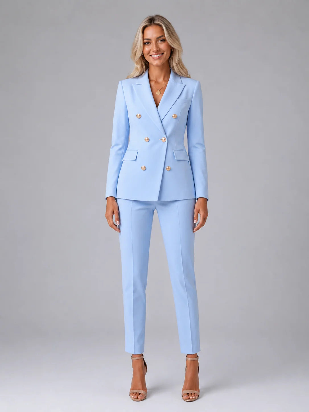 Double-Breasted Blazer and Slim Trouser Set with Gold Buttons