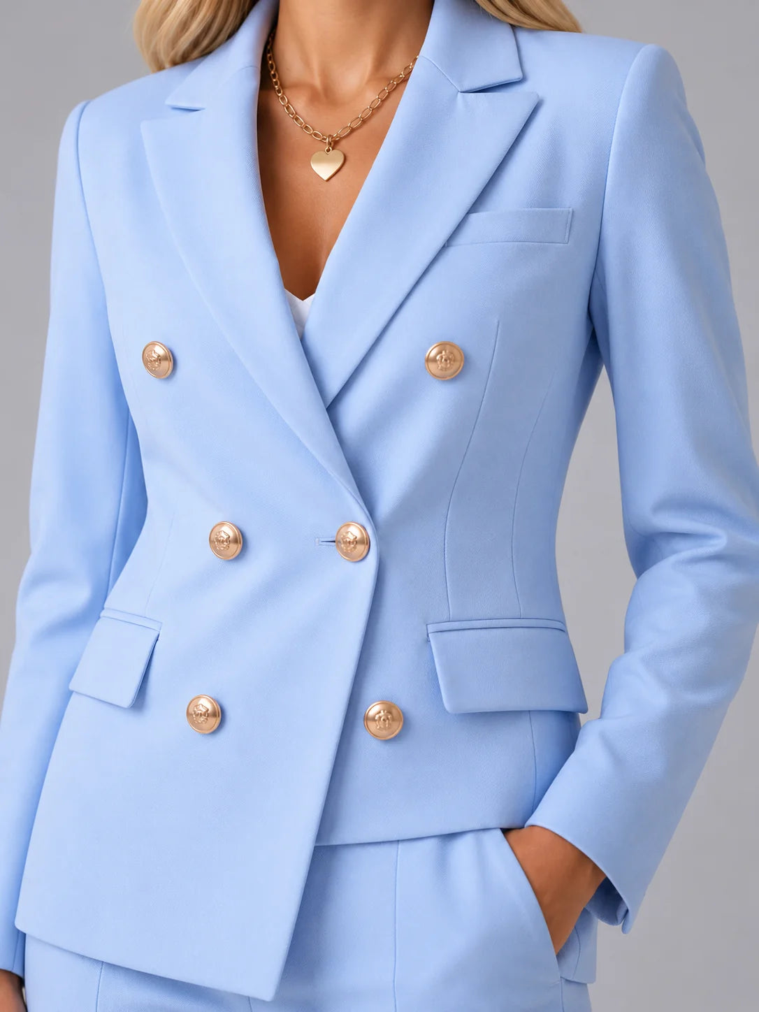 Double-Breasted Blazer and Slim Trouser Set with Gold Buttons