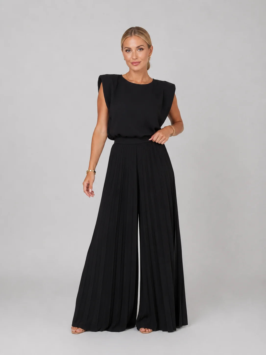Accordion Pleated Trouser Set with a Sleeveless Boxy Top