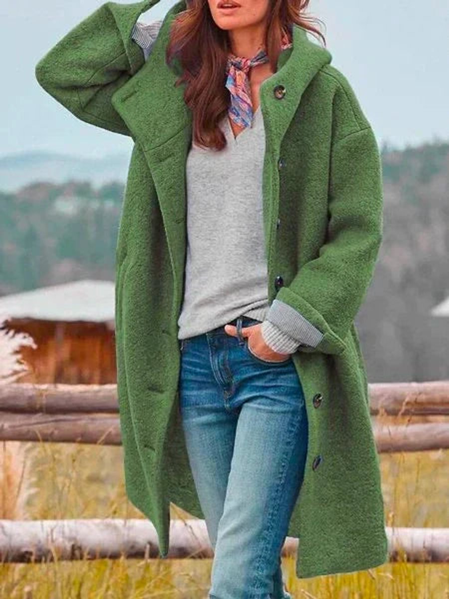 Hooded Mid-Length Coat with a Button Front and Side Pockets 0