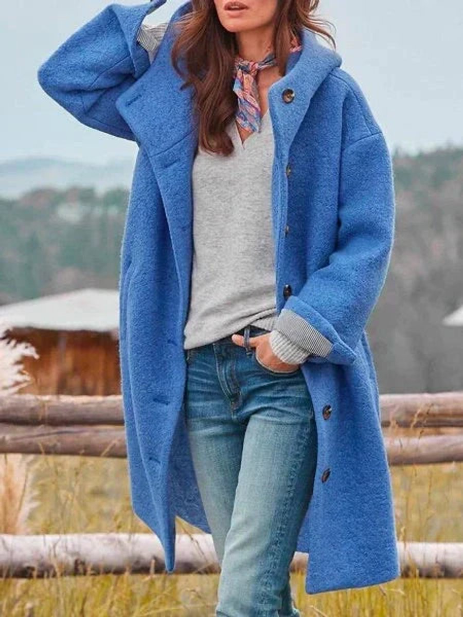 Hooded Mid-Length Coat with a Button Front and Side Pockets 2