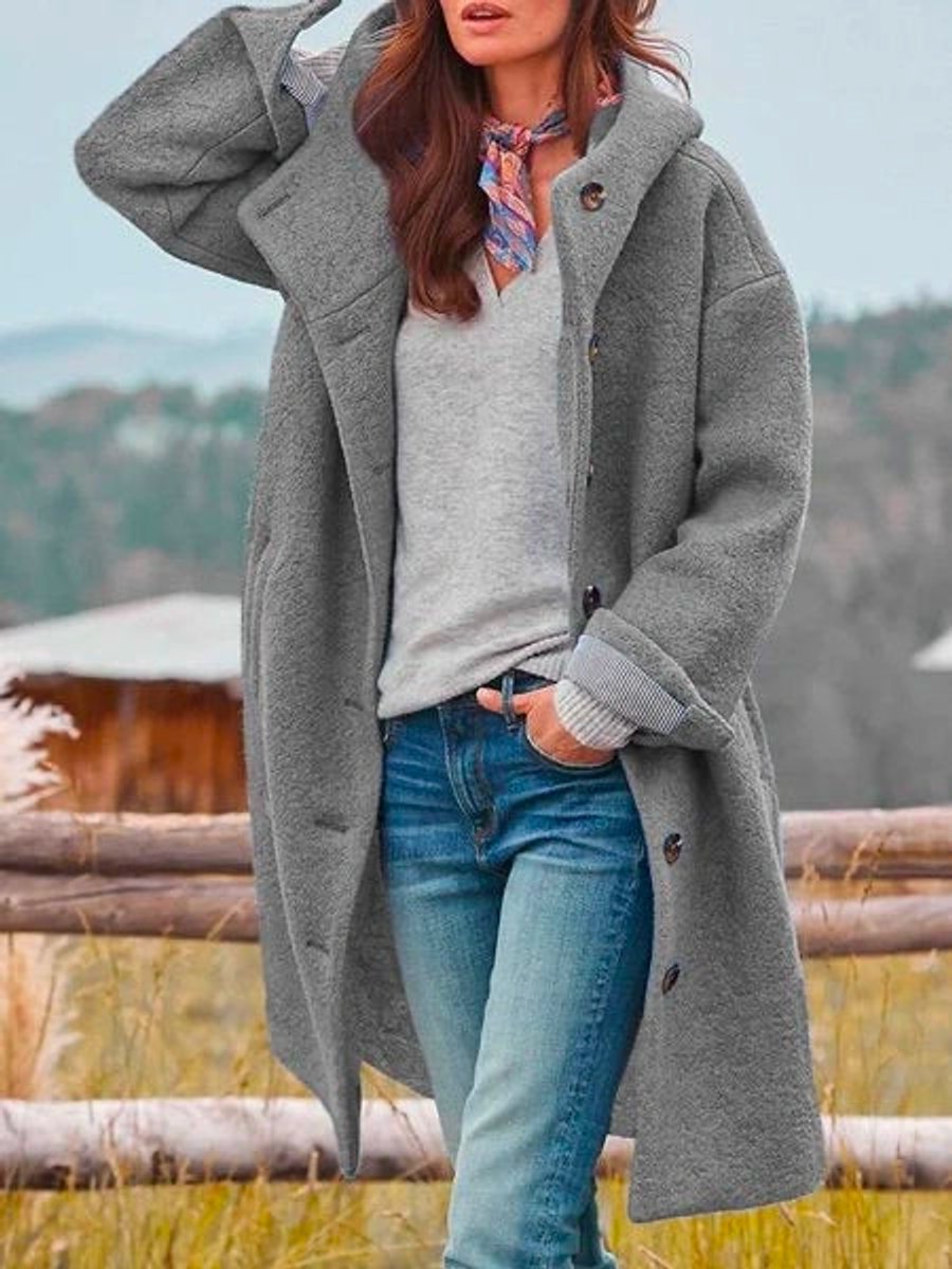 Hooded Mid-Length Coat with a Button Front and Side Pockets 4
