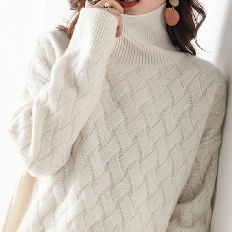 Basketweave Knit Turtleneck Sweater with a Relaxed Cut