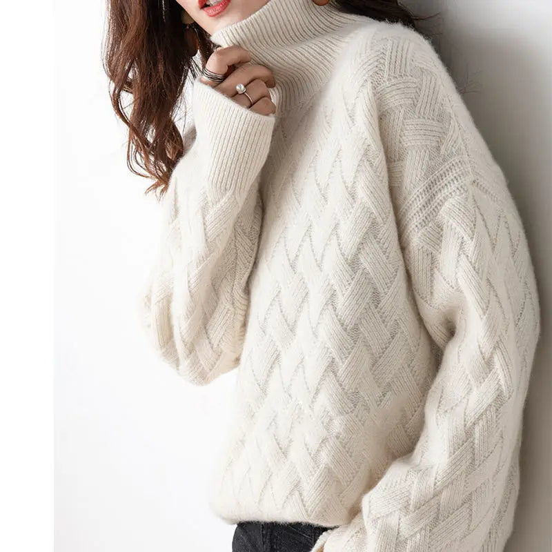 Basketweave Knit Turtleneck Sweater with a Relaxed Cut