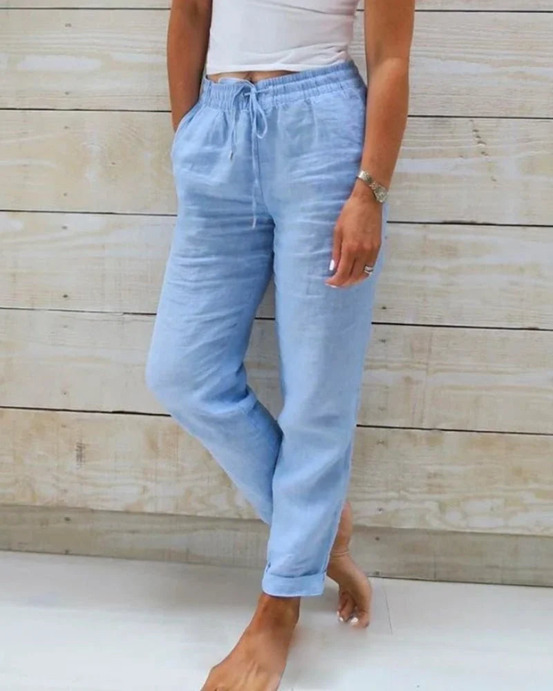 Linen-Look Trousers with a Drawstring Waist and a Turned-Up Hem
