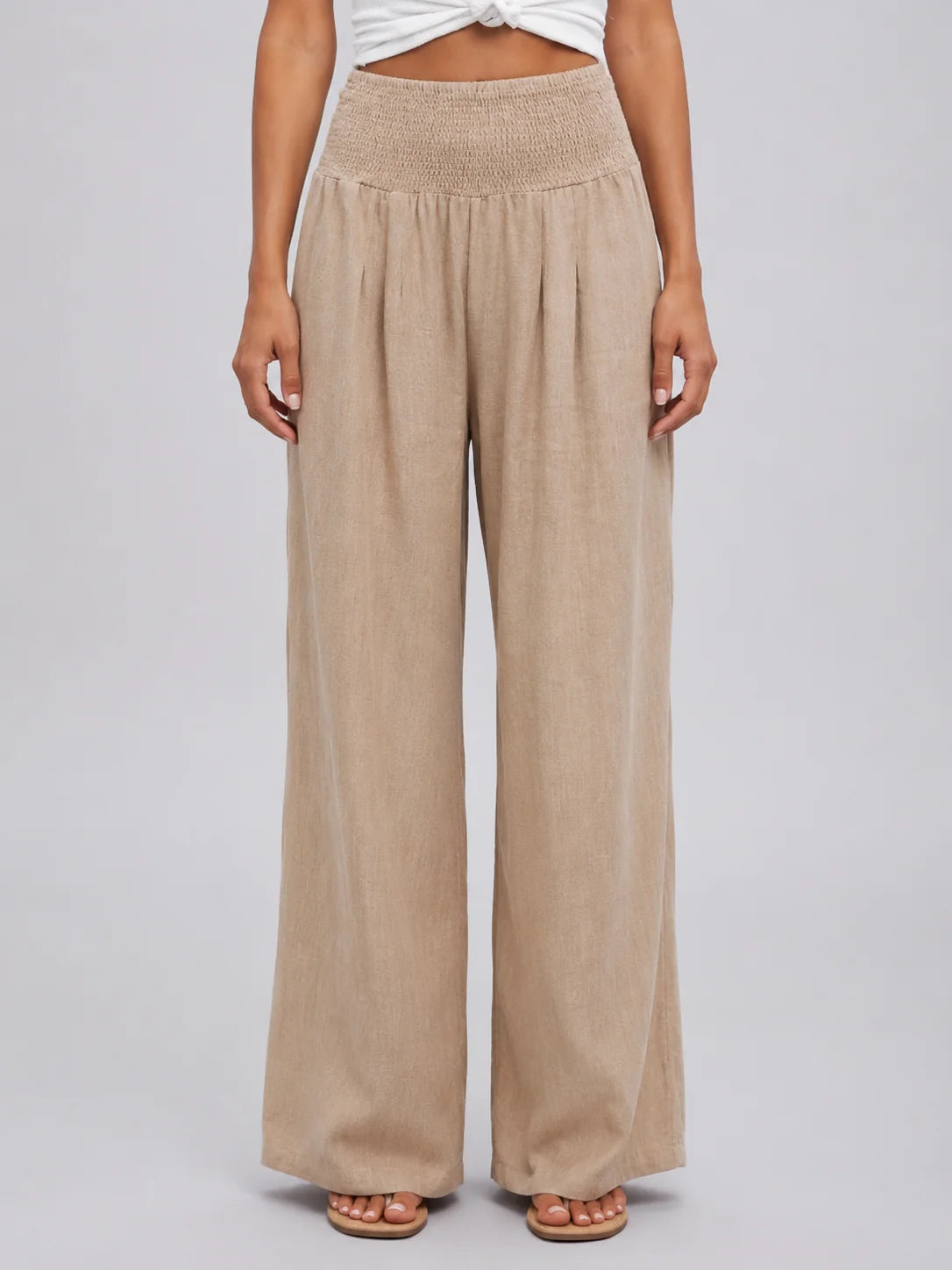 Linen-Look Wide Leg Trousers with a Smocked Waistband
