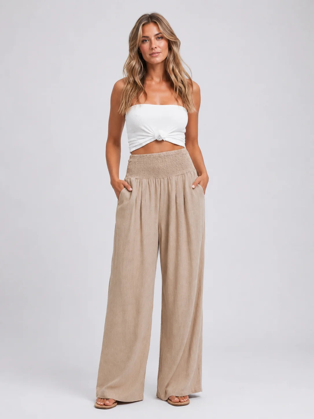 Linen-Look Wide Leg Trousers with a Smocked Waistband