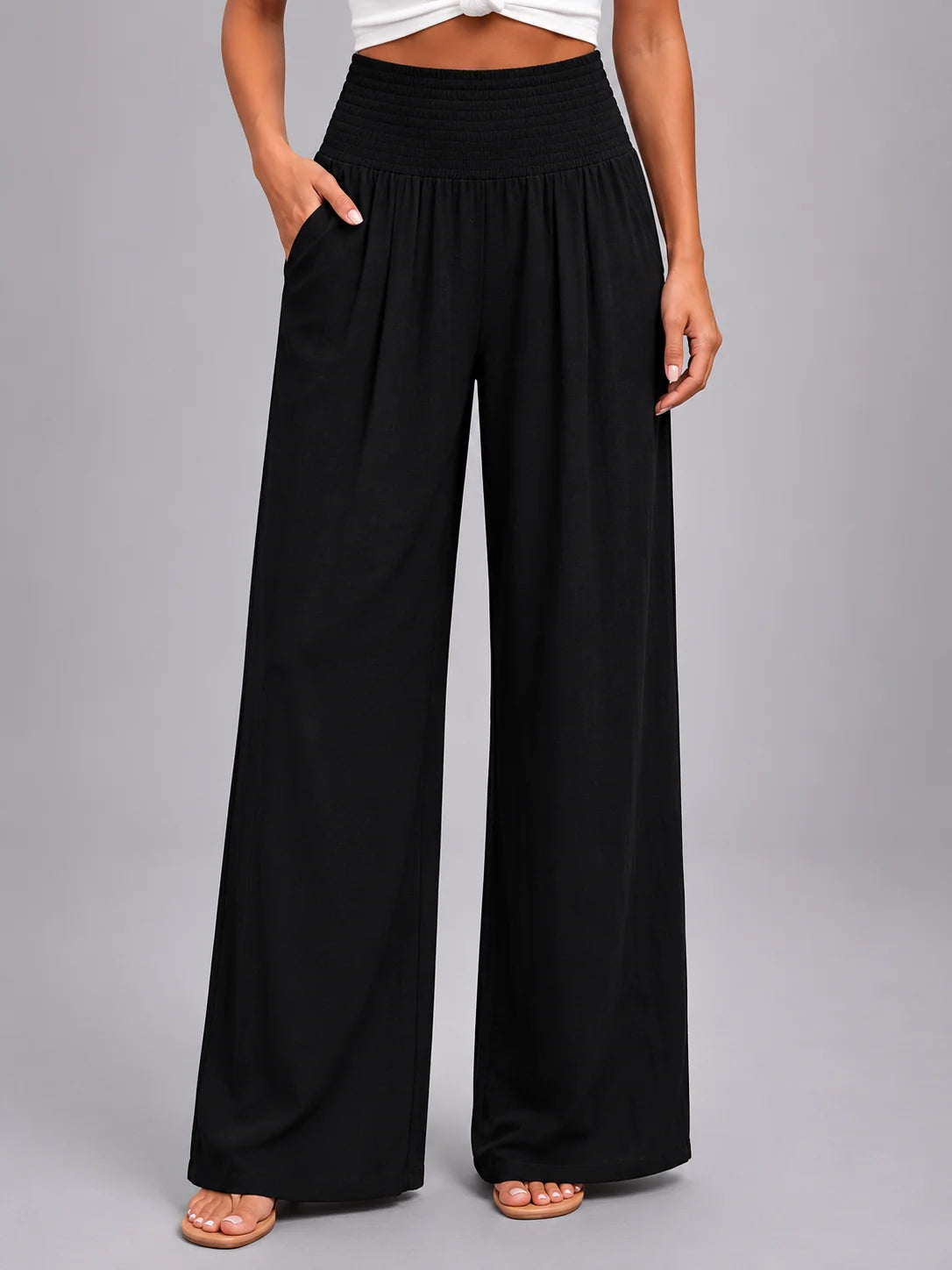 Linen-Look Wide Leg Trousers with a Smocked Waistband