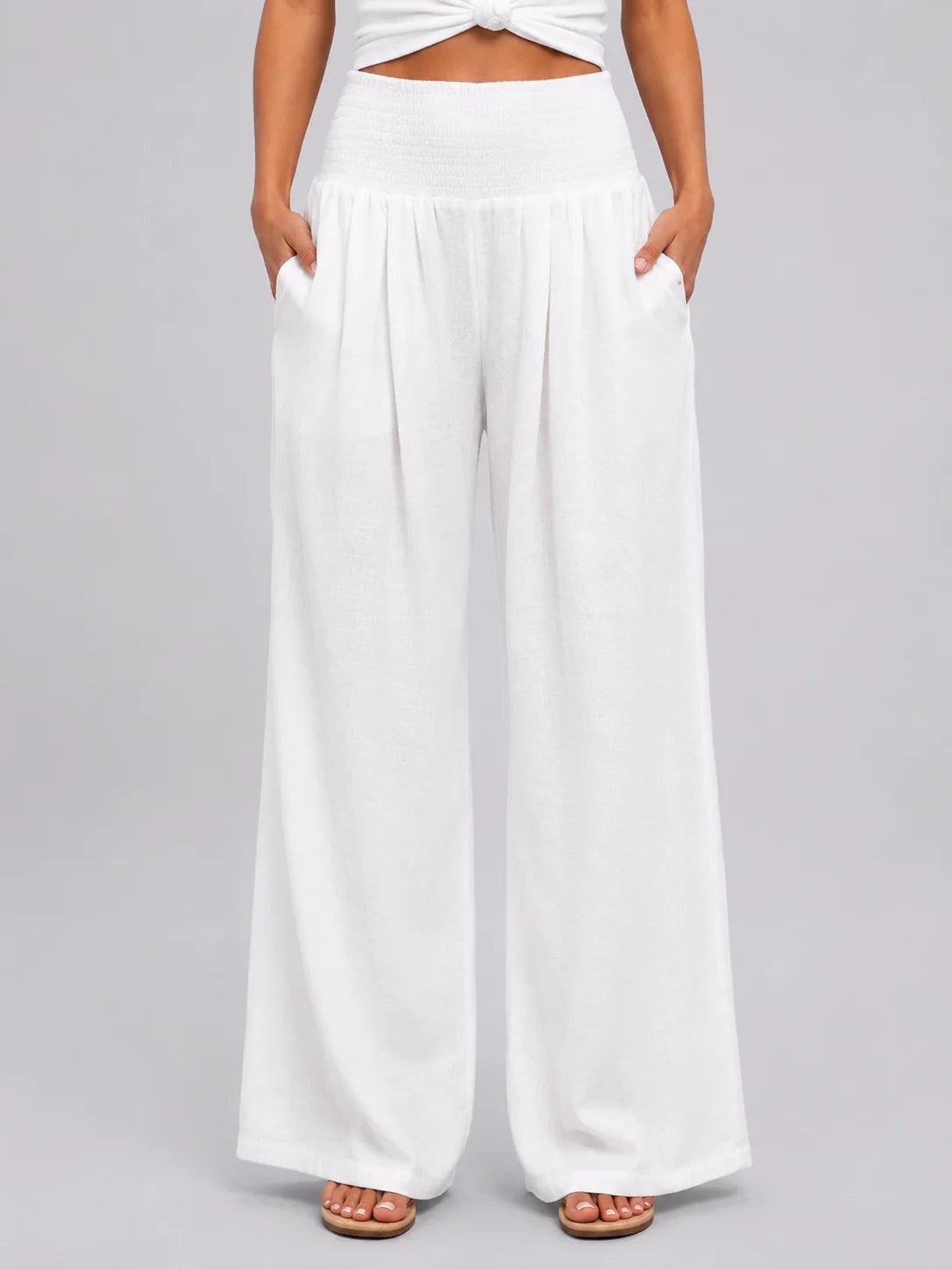 Linen-Look Wide Leg Trousers with a Smocked Waistband