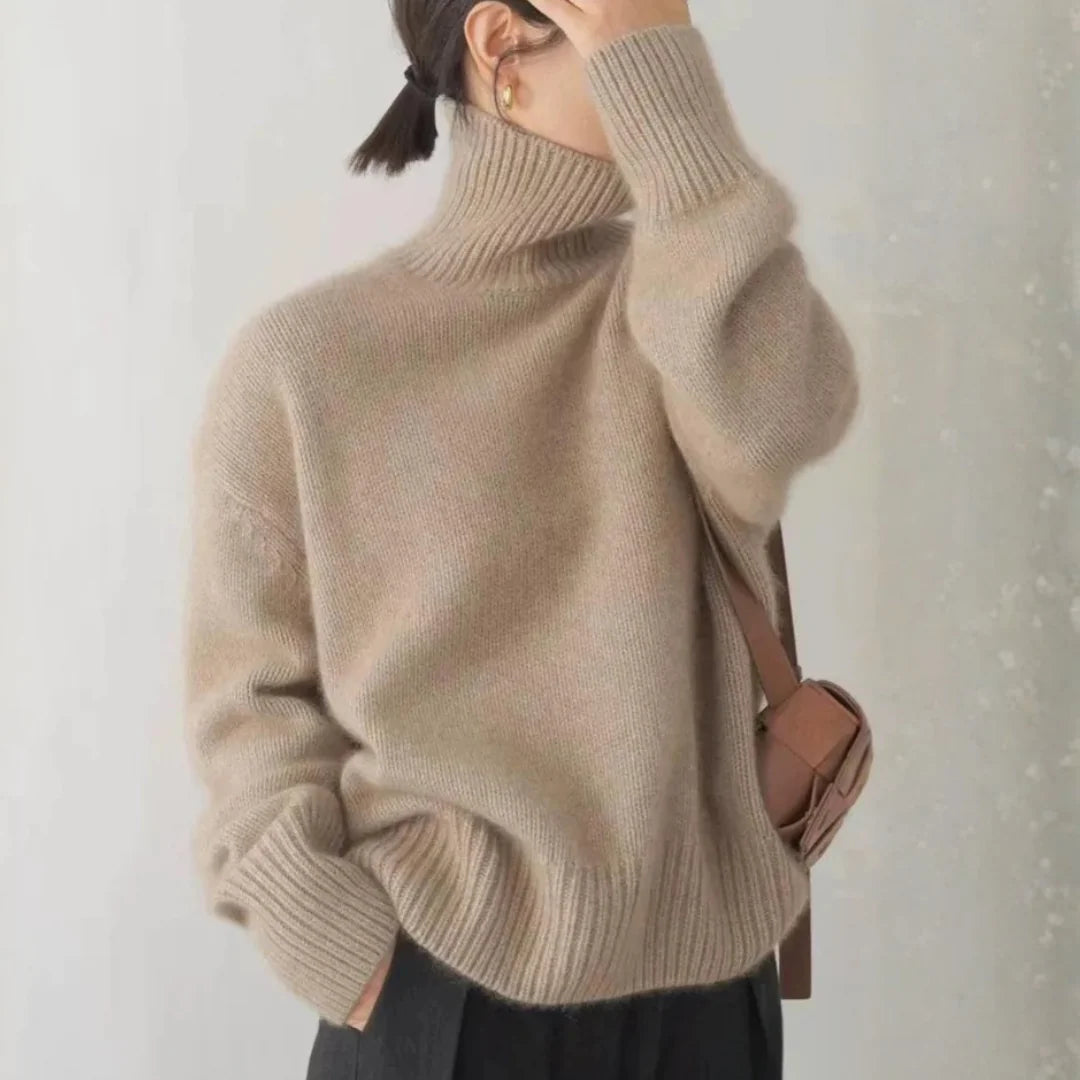Brushed Turtleneck Sweater with Dropped Shoulders and a Side Slit