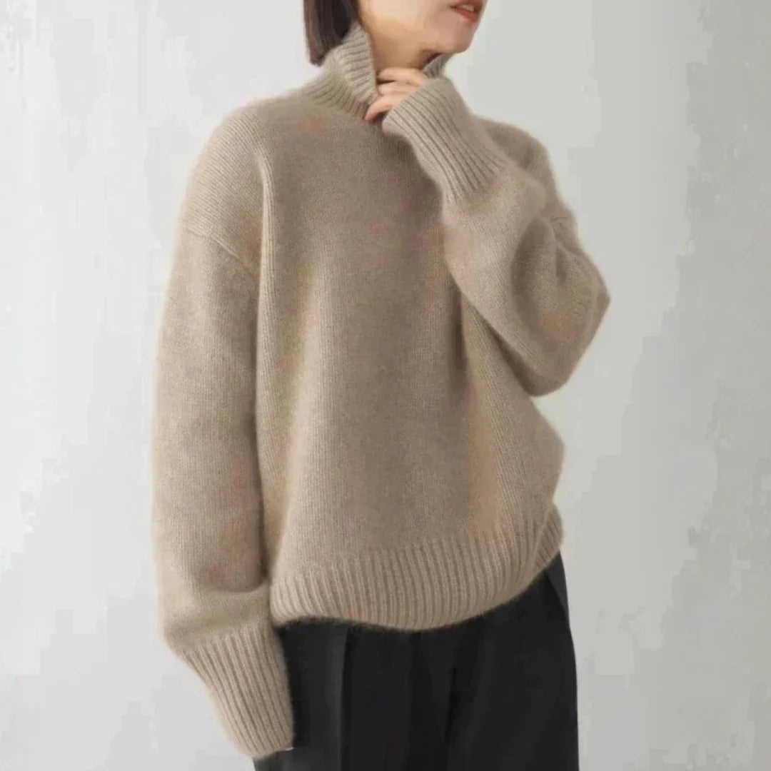 Brushed Turtleneck Sweater with Dropped Shoulders and a Side Slit