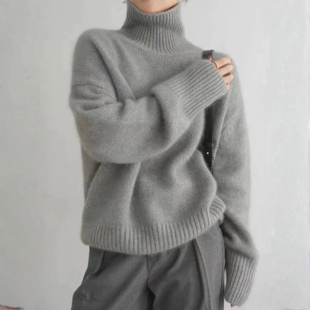 Brushed Turtleneck Sweater with Dropped Shoulders and a Side Slit