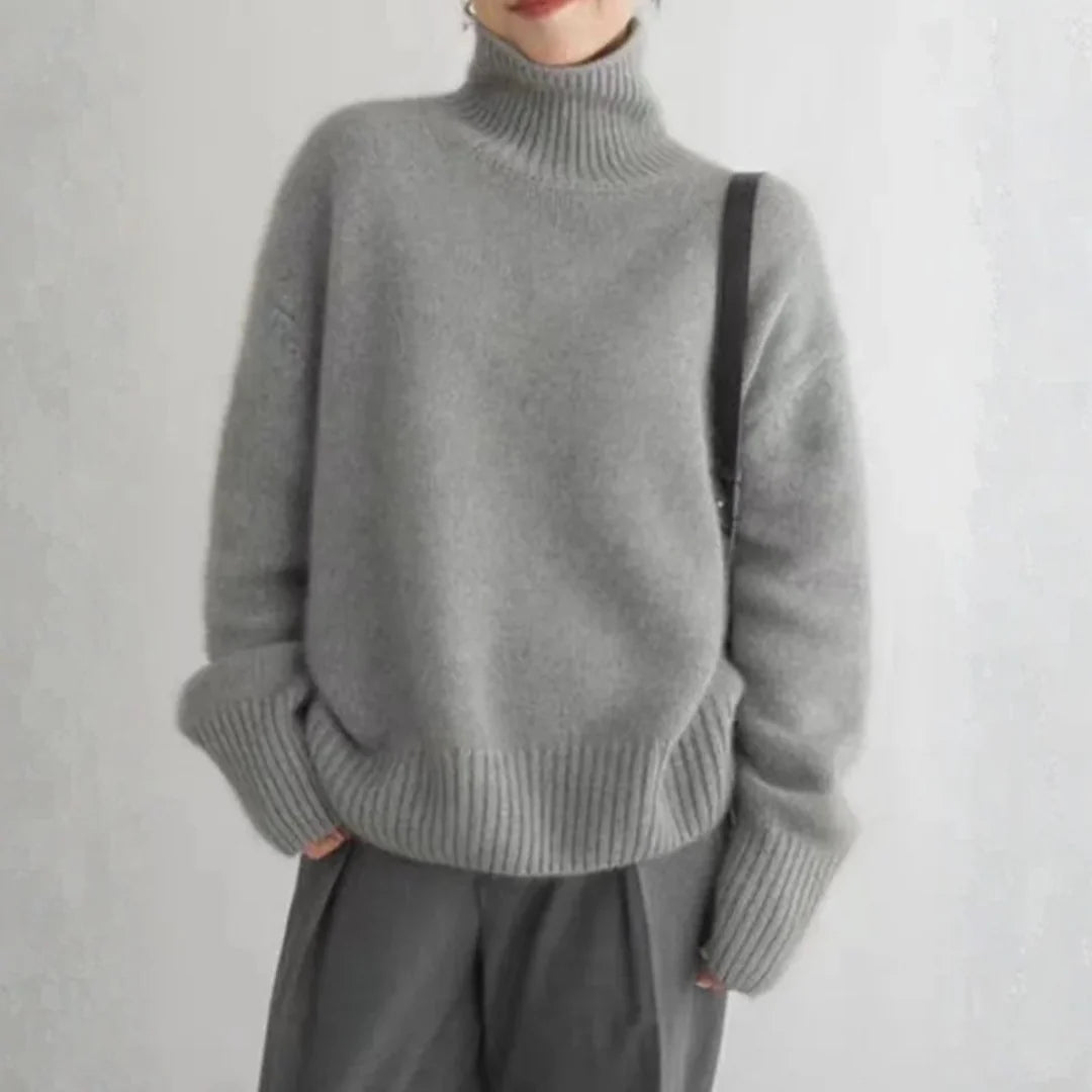 Brushed Turtleneck Sweater with Dropped Shoulders and a Side Slit