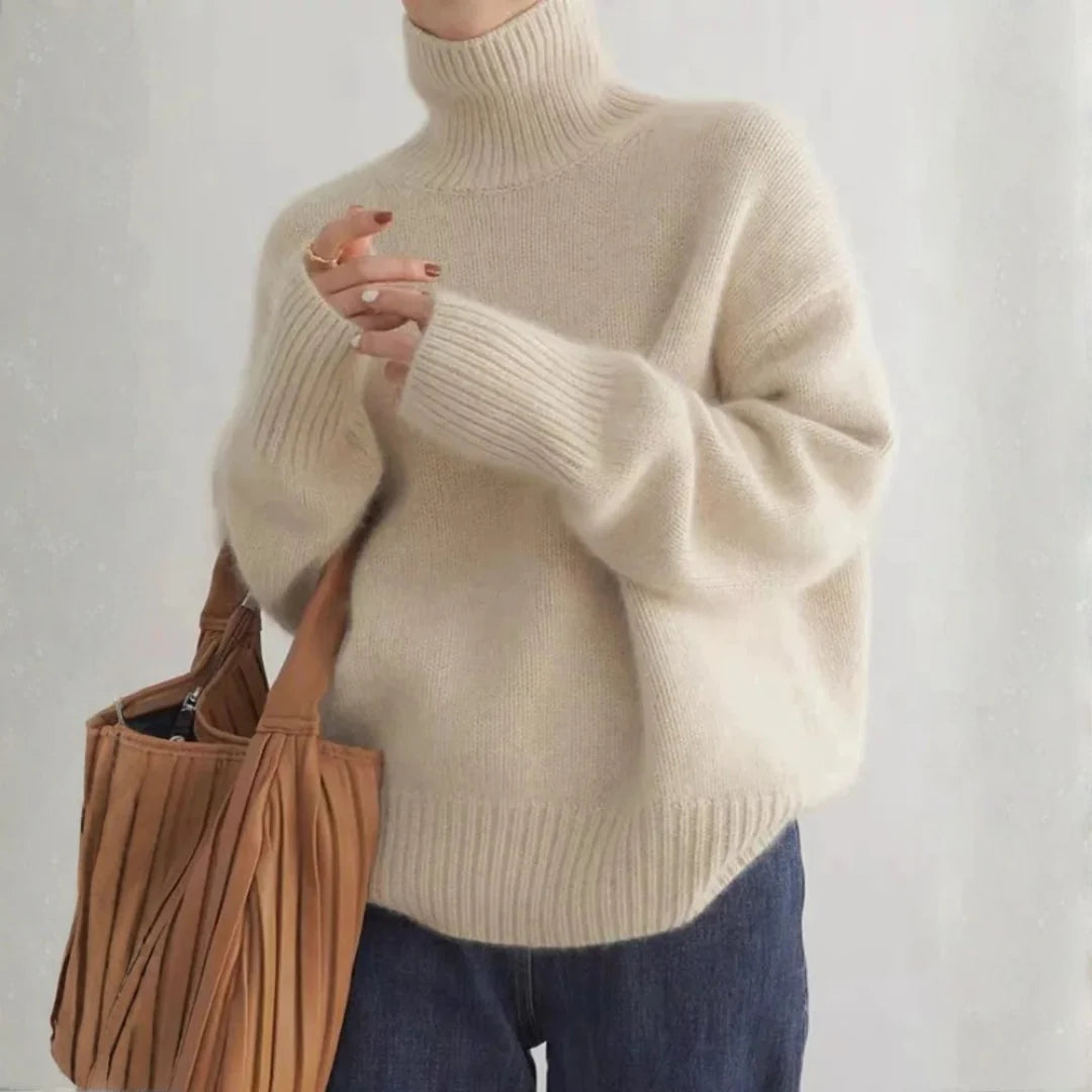 Brushed Turtleneck Sweater with Dropped Shoulders and a Side Slit