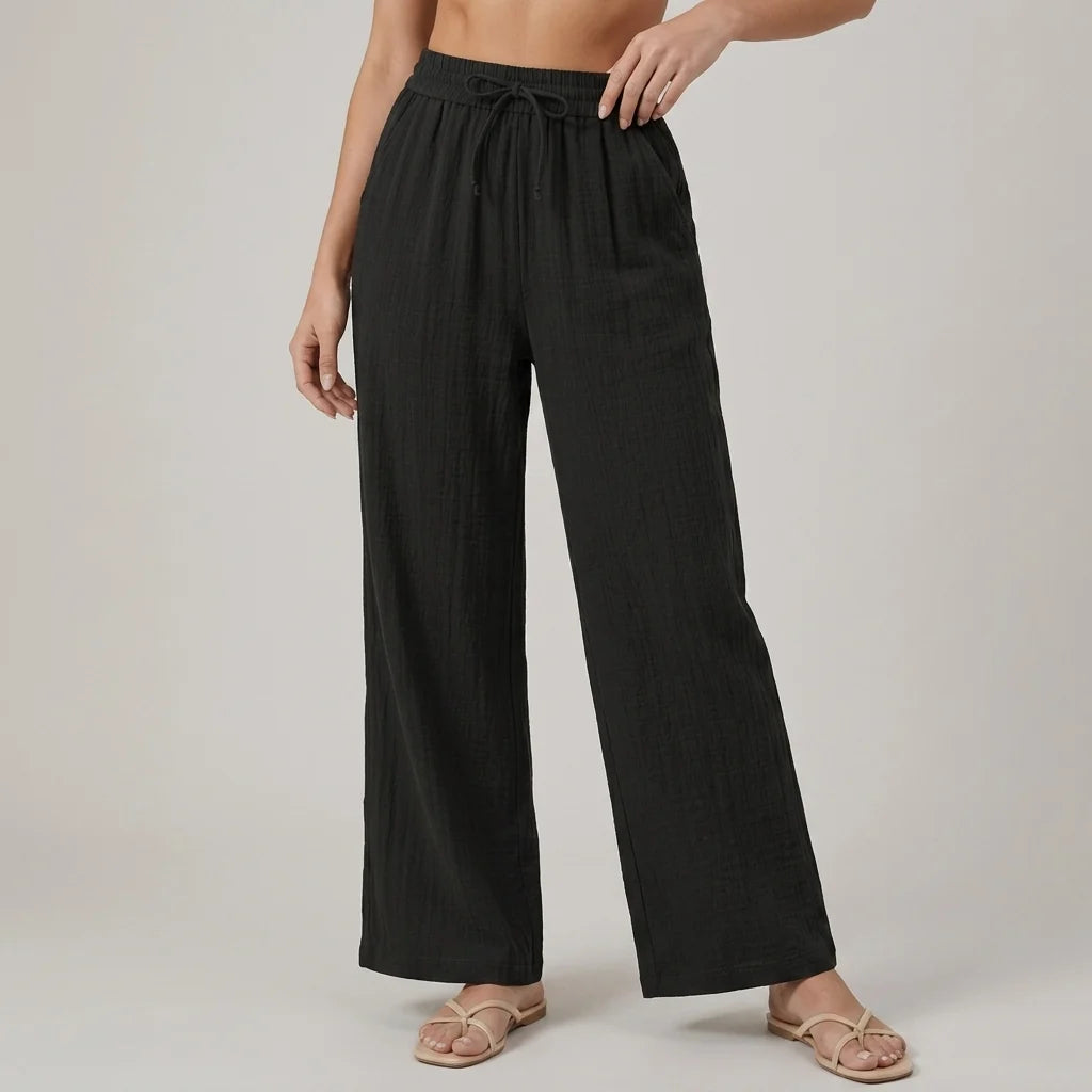 Wide Leg Trousers with a Drawstring Waist and Side Pockets