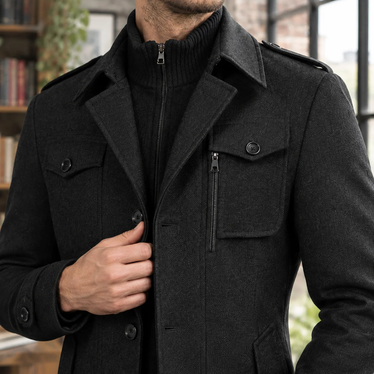 Oren Men's Wool Coat | Tailored Mid-Thigh, Funnel Collar 1