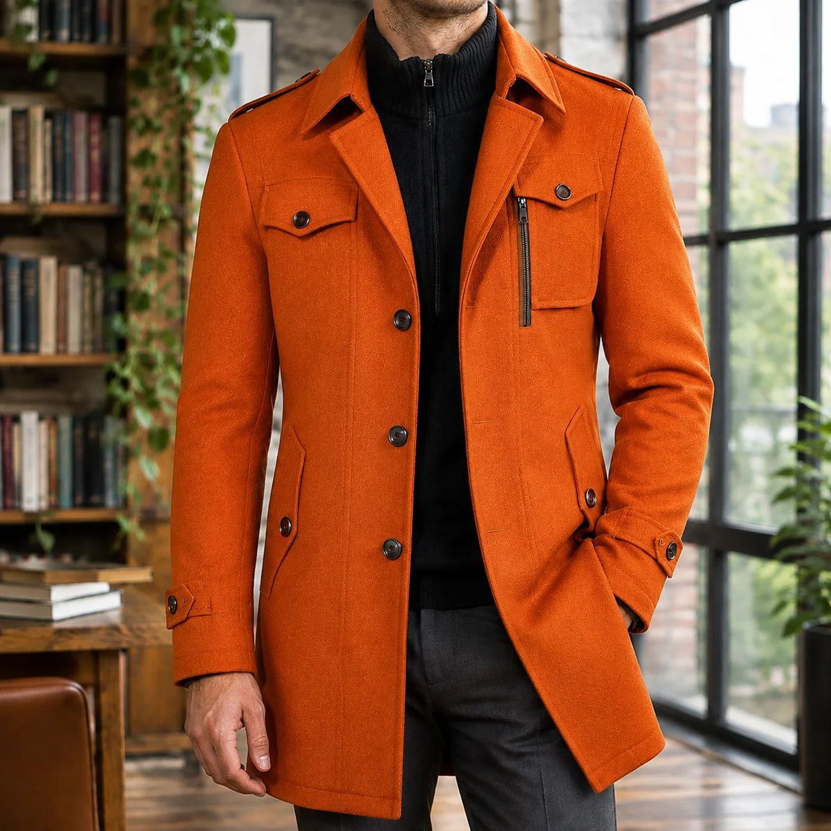 Oren Men's Wool Coat | Tailored Mid-Thigh, Funnel Collar 2