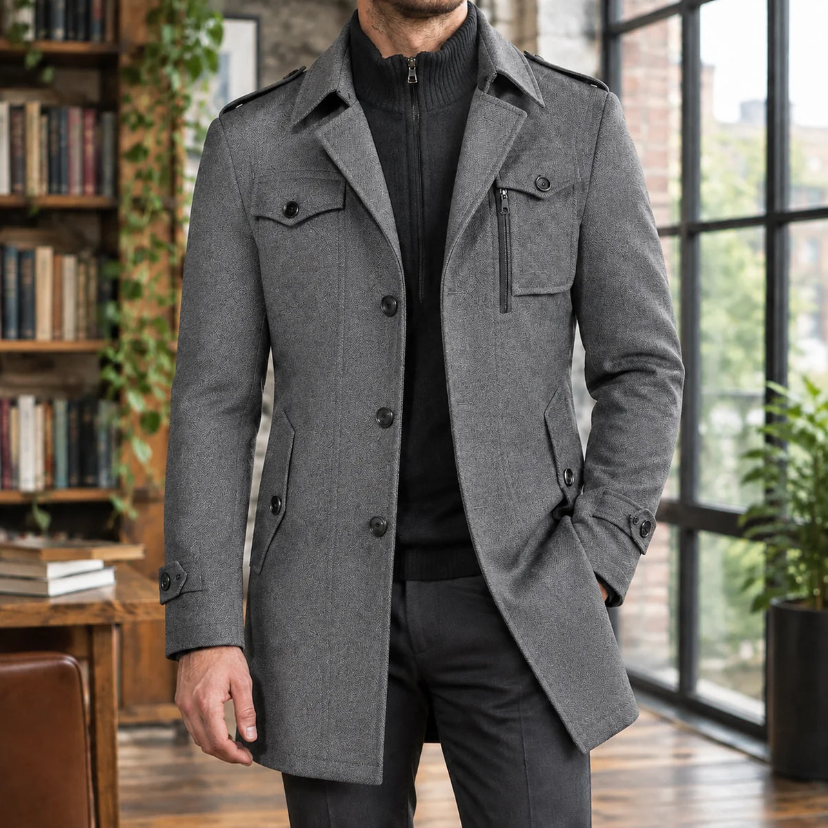 Oren Men's Wool Coat | Tailored Mid-Thigh, Funnel Collar 3