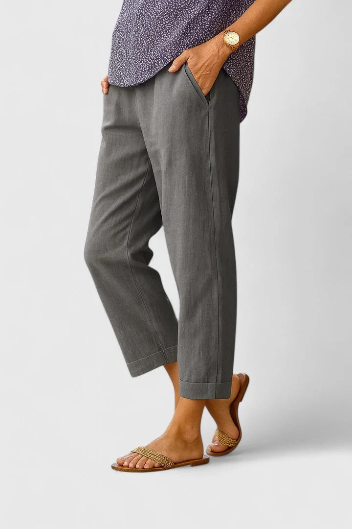 Cropped Linen-Look Trousers with a Turned-Up Hem and Pockets
