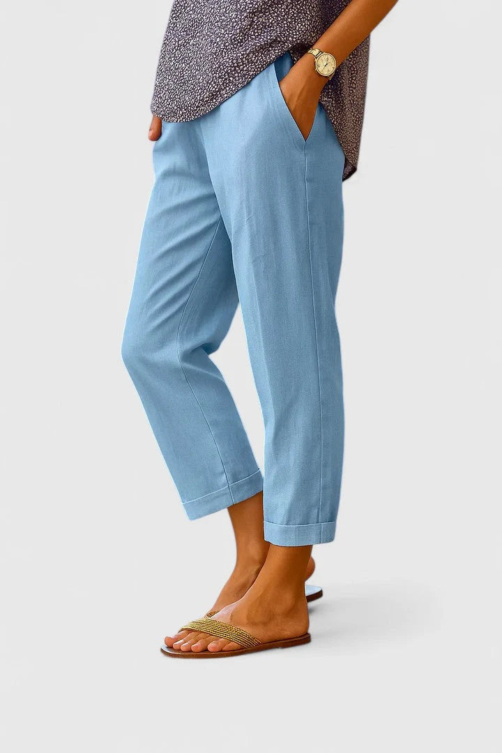 Cropped Linen-Look Trousers with a Turned-Up Hem and Pockets