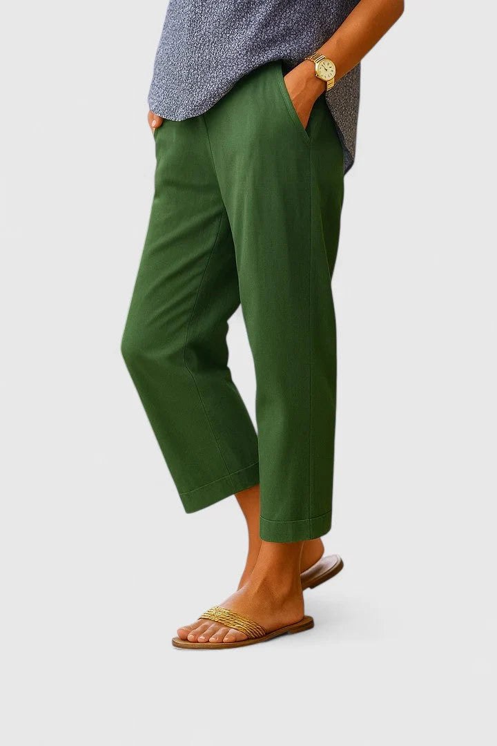 Cropped Linen-Look Trousers with a Turned-Up Hem and Pockets