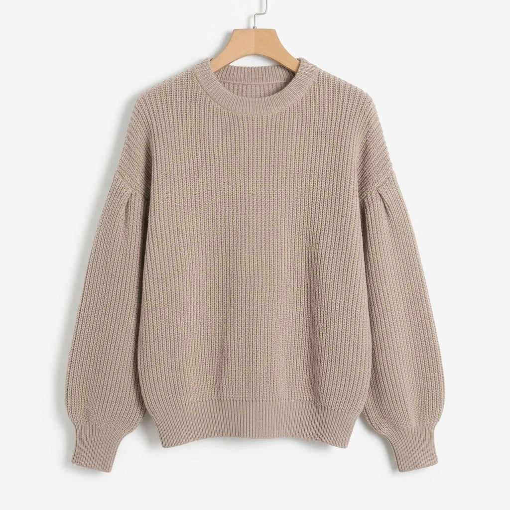 Chunky Rib Sweater with Balloon Sleeves and a Crew Neck