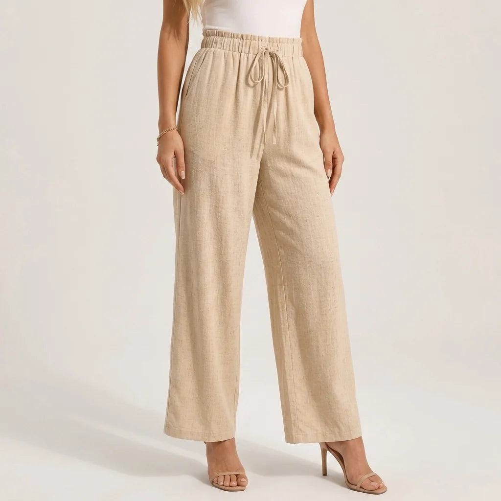 Linen-Look Wide Leg Trousers with a Drawstring Waist and Pockets