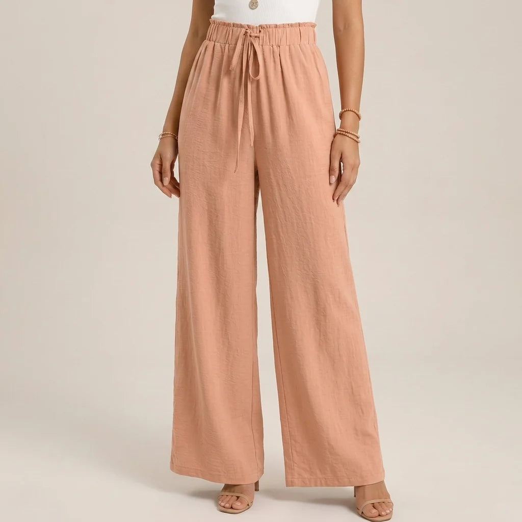 Linen-Look Wide Leg Trousers with a Drawstring Waist and Pockets