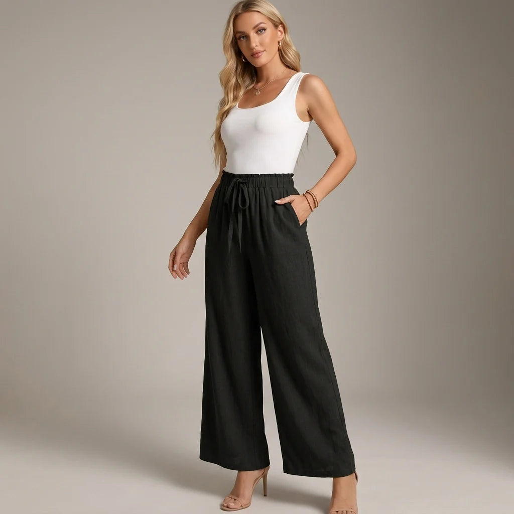 Linen-Look Wide Leg Trousers with a Drawstring Waist and Pockets