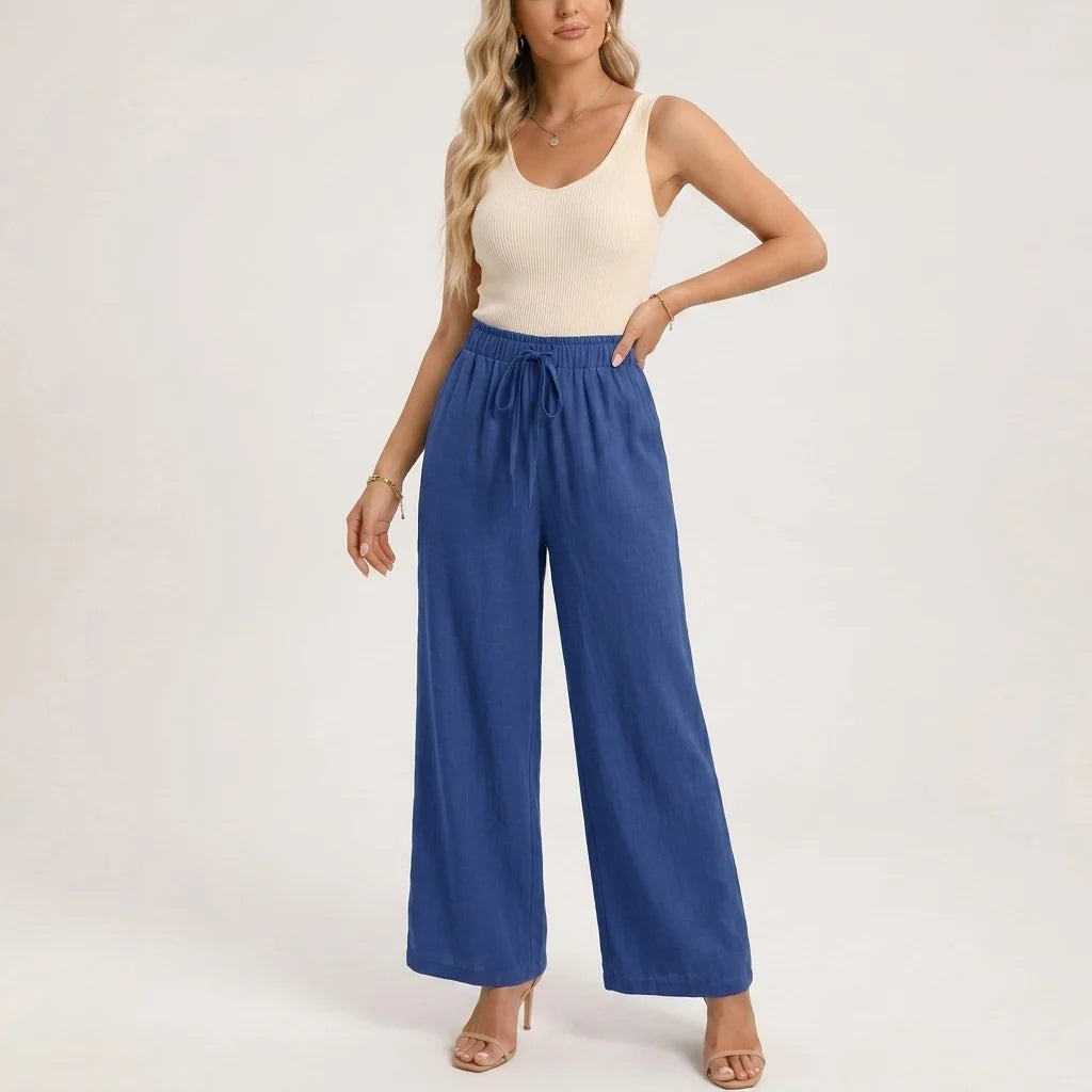 Linen-Look Wide Leg Trousers with a Drawstring Waist and Pockets