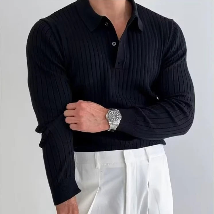 Soren Men's Long Sleeve Polo Shirt | Textured Fabric, Buttoned Collar 0