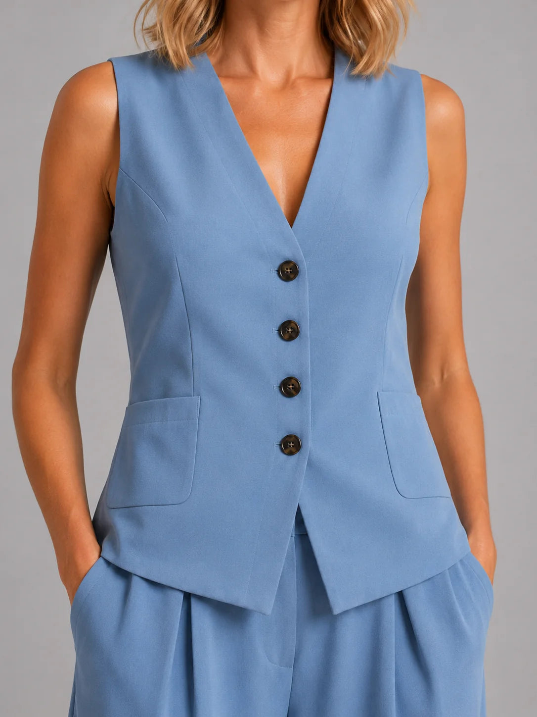 Button Front Waistcoat and Pleated Trouser Set with Pockets