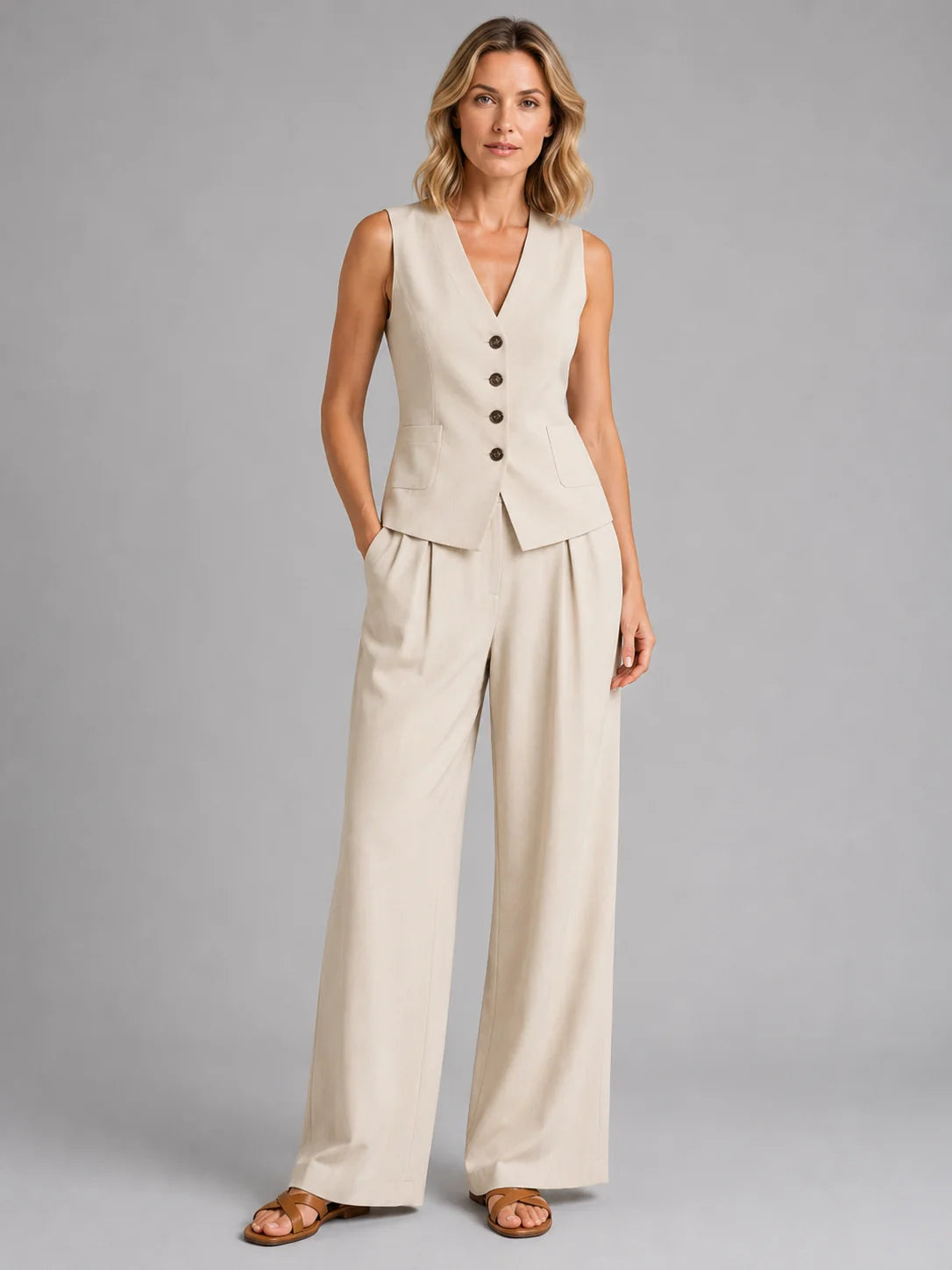 Button Front Waistcoat and Pleated Trouser Set with Pockets