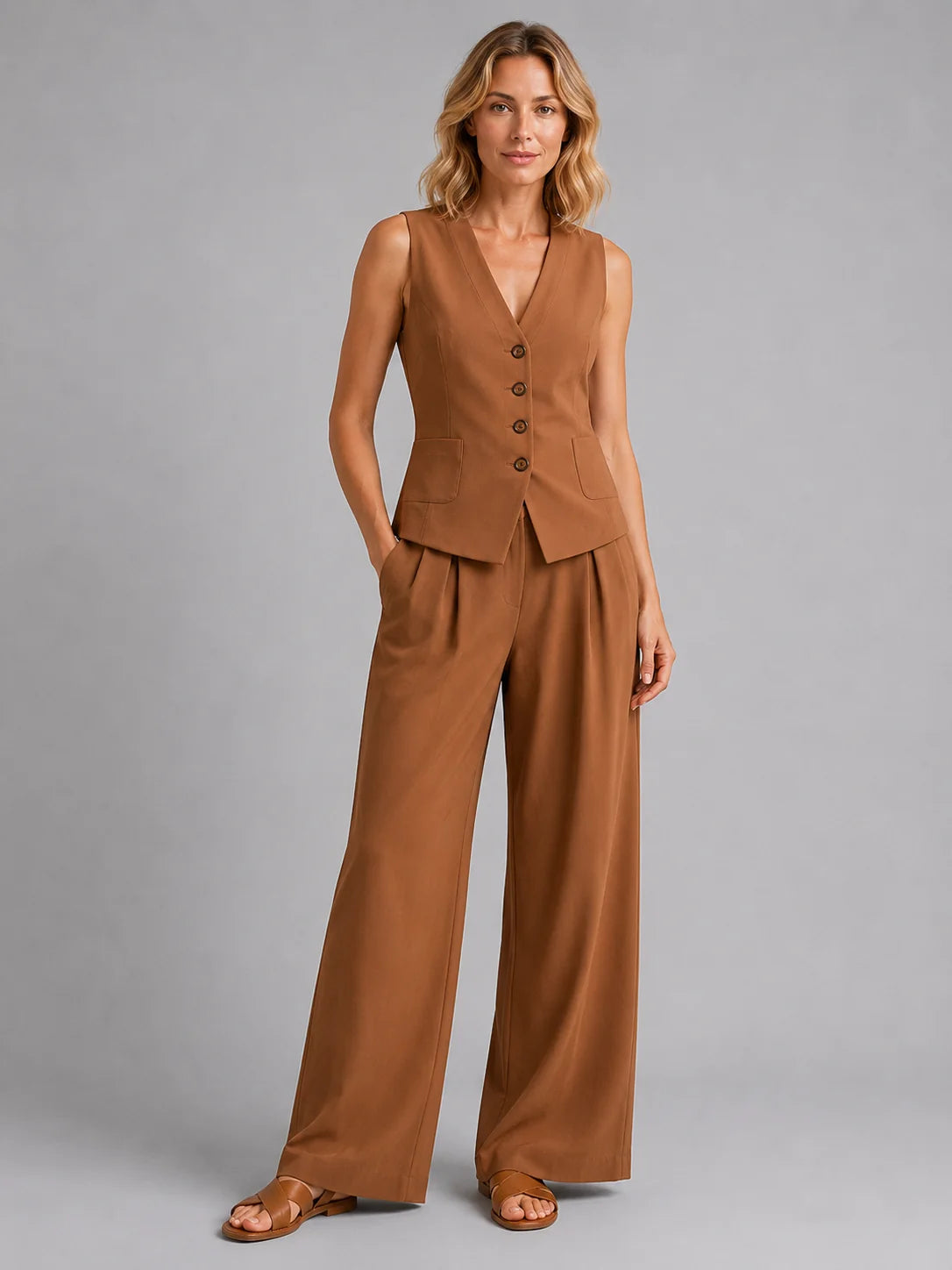 Button Front Waistcoat and Pleated Trouser Set with Pockets
