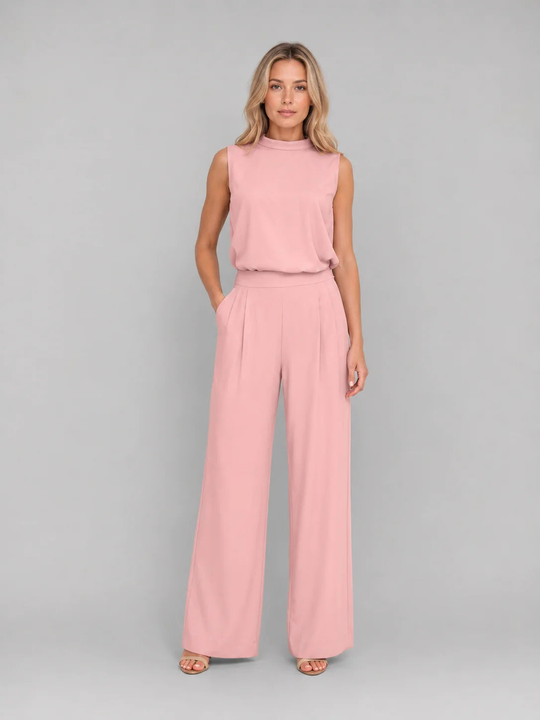 Sleeveless Top and Pleated Trouser Set with a Blouson Waist