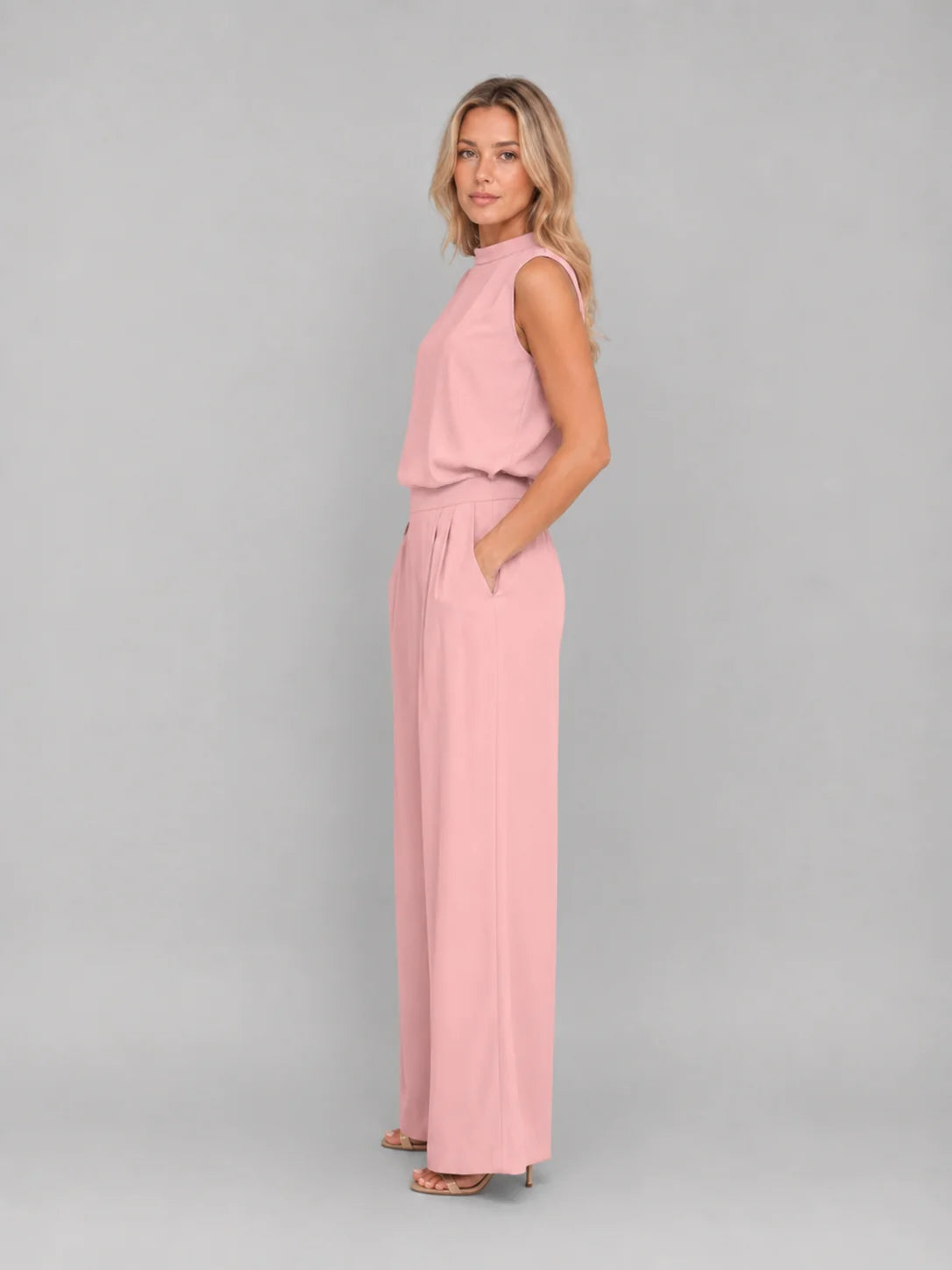 Sleeveless Top and Pleated Trouser Set with a Blouson Waist