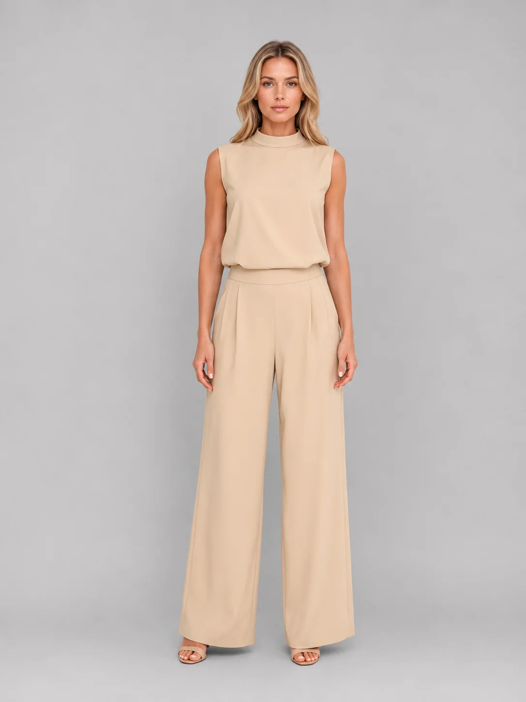 Sleeveless Top and Pleated Trouser Set with a Blouson Waist