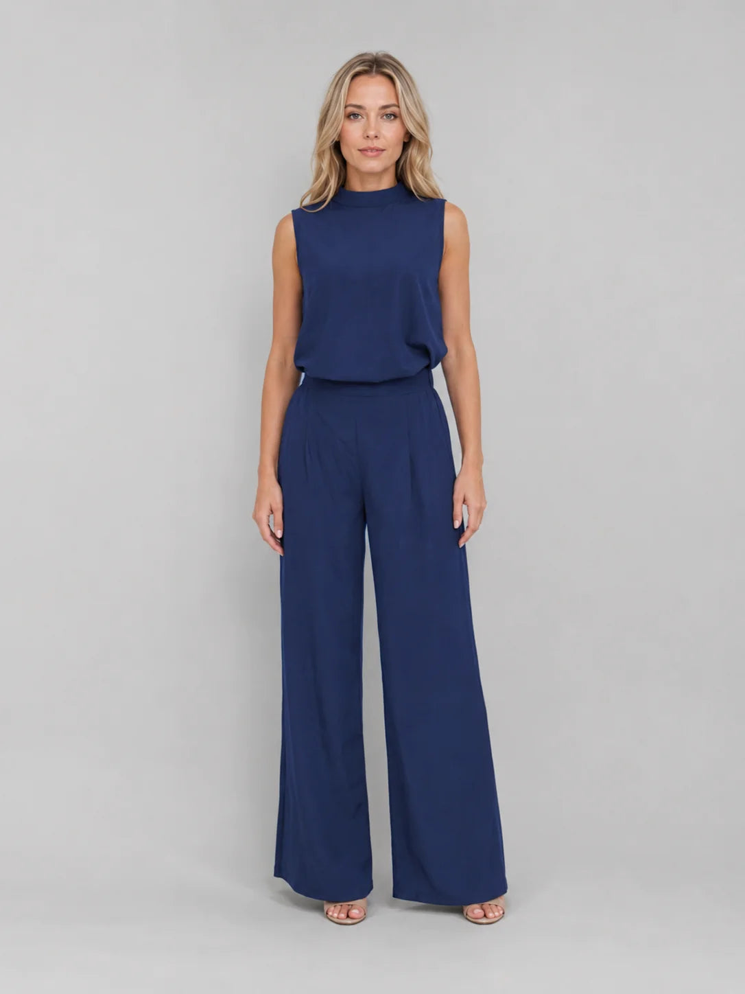 Sleeveless Top and Pleated Trouser Set with a Blouson Waist