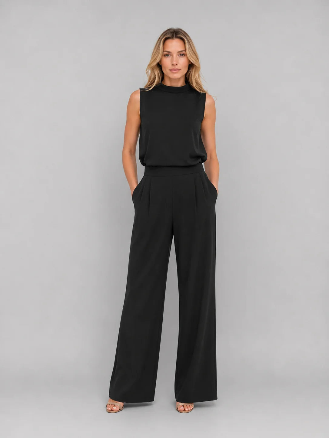 Sleeveless Top and Pleated Trouser Set with a Blouson Waist