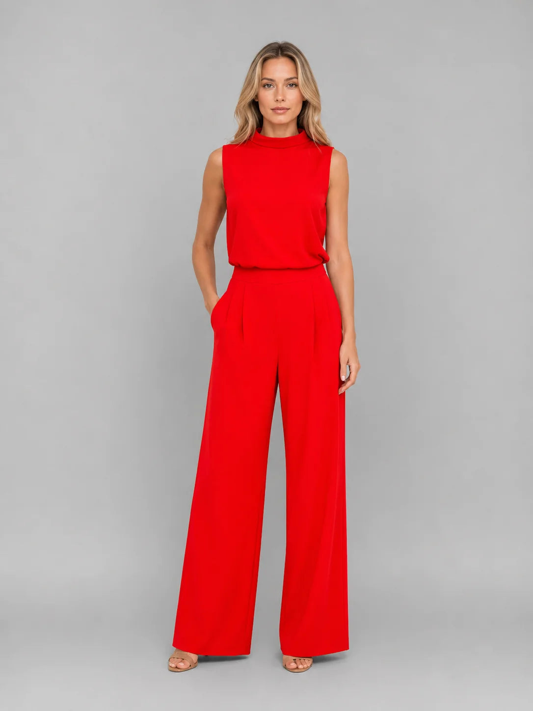 Sleeveless Top and Pleated Trouser Set with a Blouson Waist